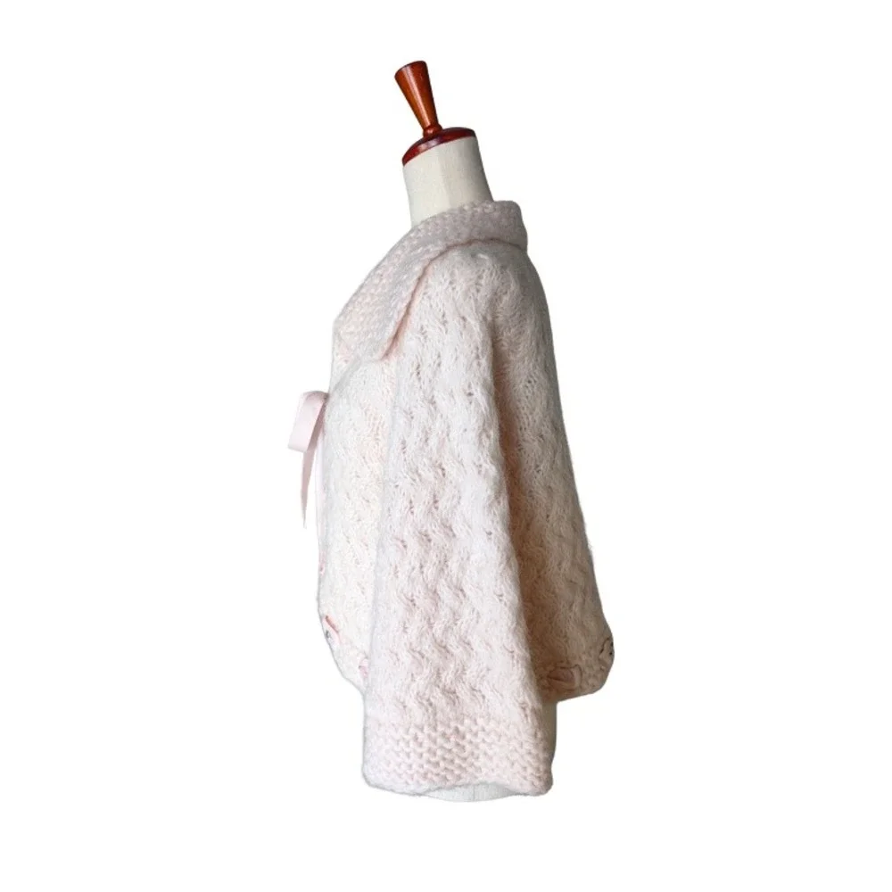 VTG Rebecca Taylor Pink Mohair Blend Cable Knit Ribbon Tie Cardigan Sweater L